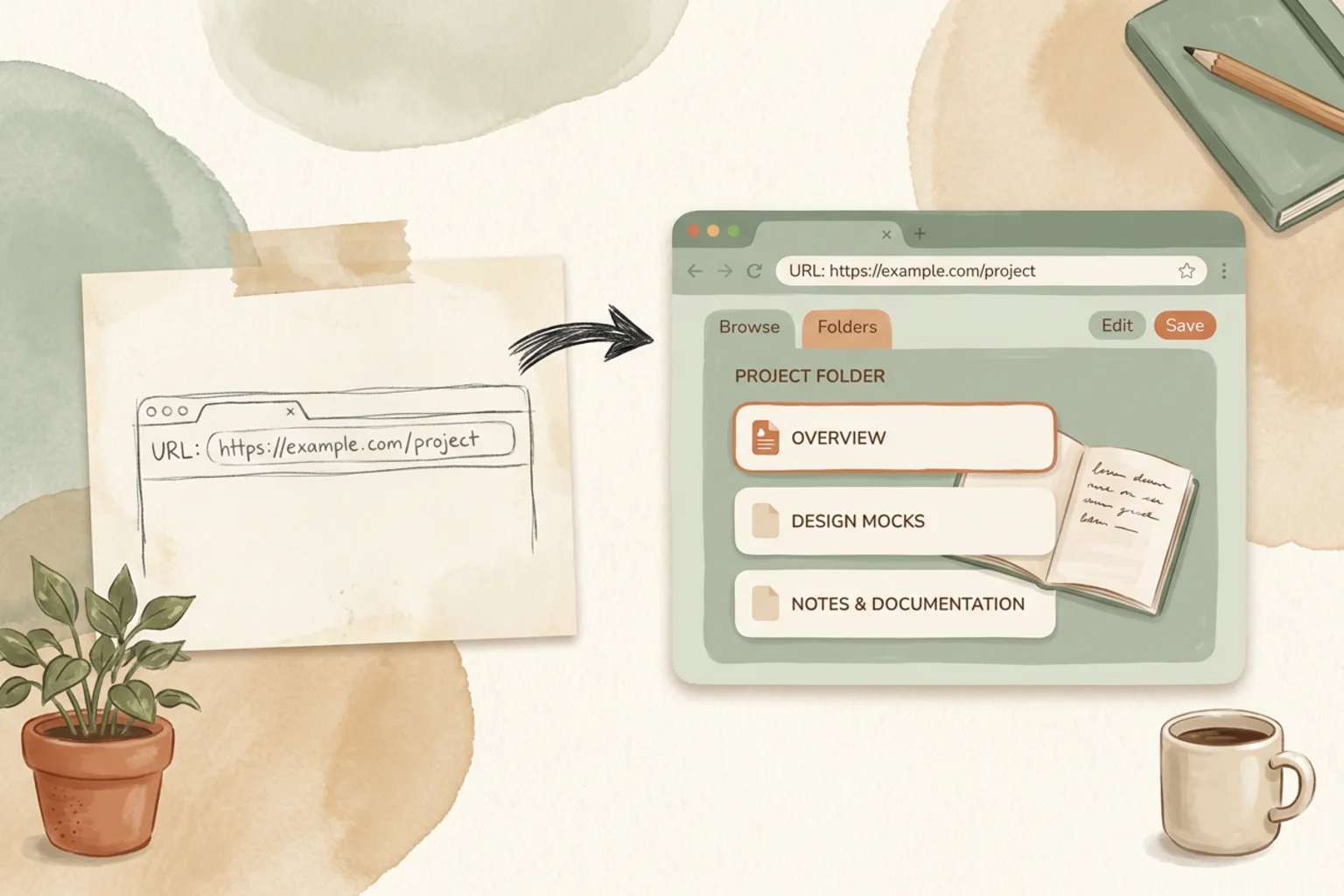 A browser address bar with a pasted URL turning into a structured project folder containing a NOTES.md file and page routes, the new project shown as a calm sage-green interface in a warm editorial illustration