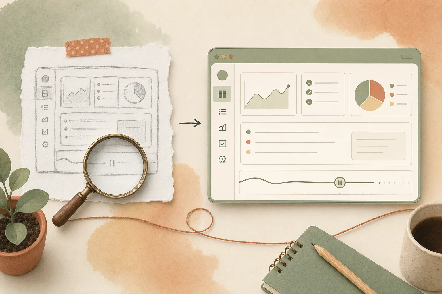A warm editorial illustration of a coarse hand-drawn interface sketch under a magnifying loupe becoming a crisp, detailed sage-green workspace with an unbroken session thread running past a pause mark, on a near-white paper desk with soft plants and a coffee mug