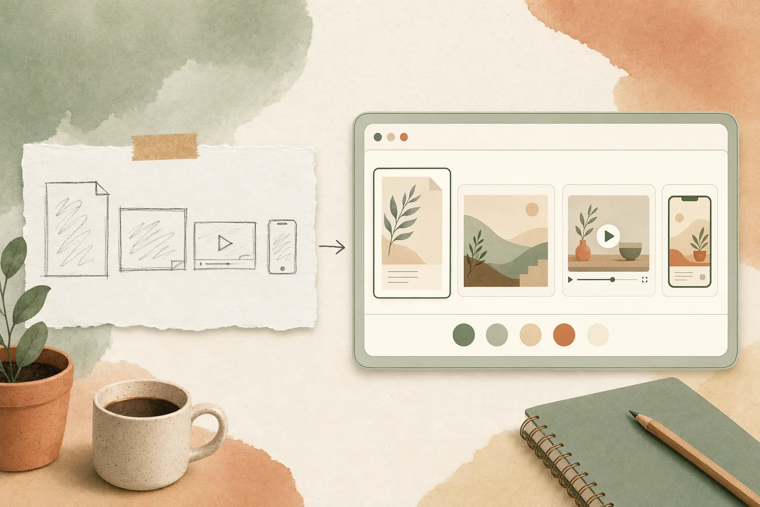 A sketched grid of different output formats — document, poster, video, mobile screen — each turning into its own correctly-shaped style preview inside a calm sage-green interface, in a warm editorial illustration