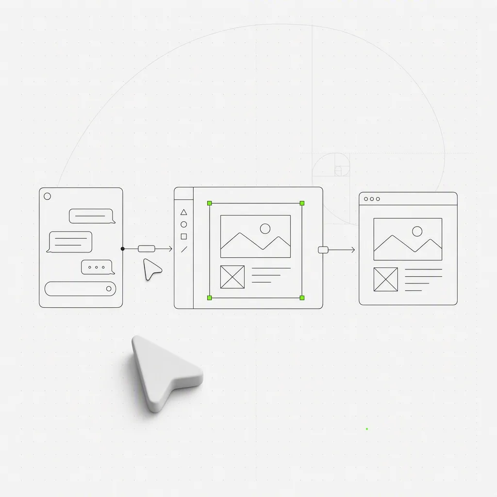 An agent conversation flowing into an editable design canvas and stable preview, with the connected artifact held inside a precise green selection frame on a near-white editorial ground