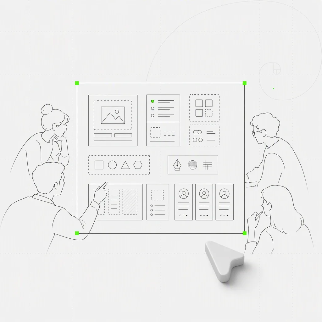A modular design system card, plugin tile and skill card docking into one shared team workspace, with the grouped toolkit held in a precise green selection frame on a near-white editorial ground