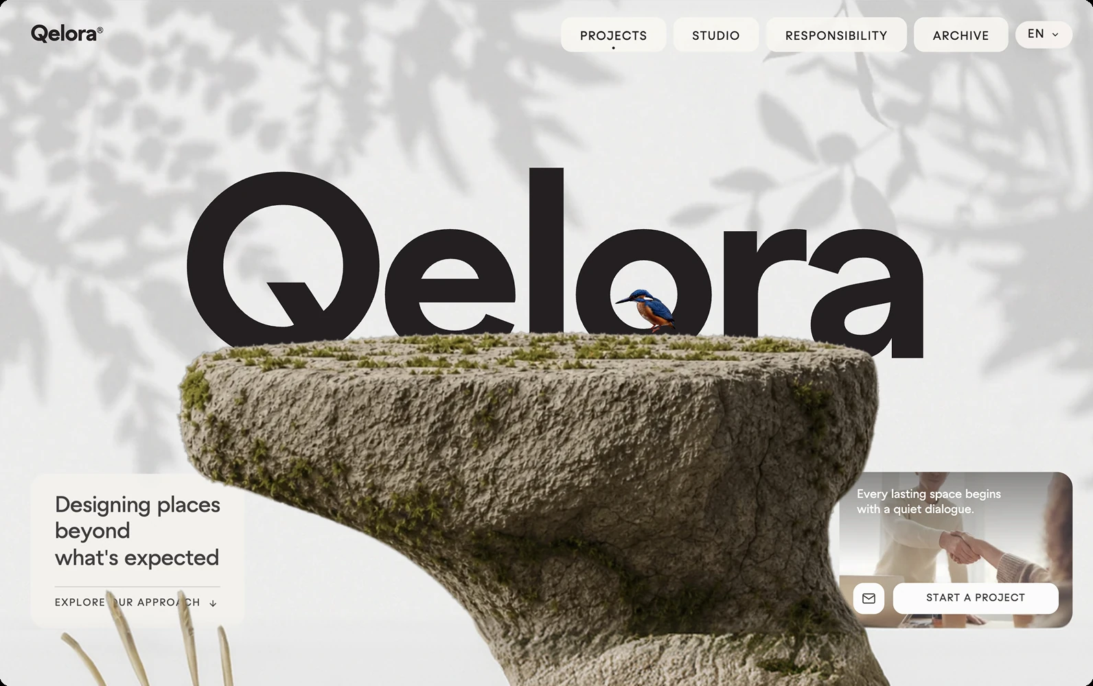 Real web prototype generated with Open Design, showing the responsive Qelora project homepage
