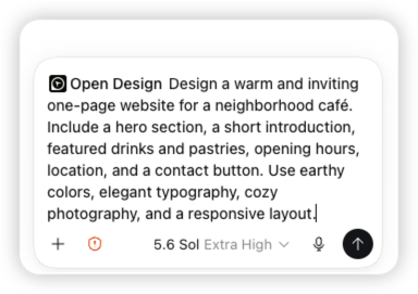 Prompt real de Codex que pide a Open Design crear el sitio web acogedor de una cafetería de barrio