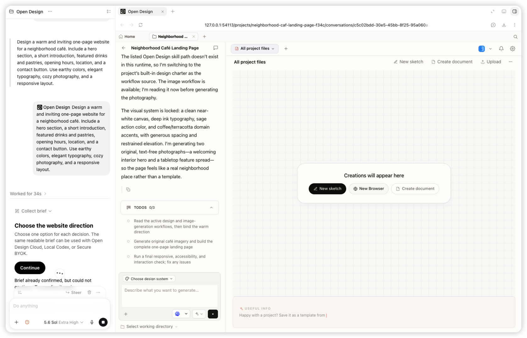 Espacio de trabajo real de Codex y Open Design mientras se genera el sitio web de la cafetería de barrio