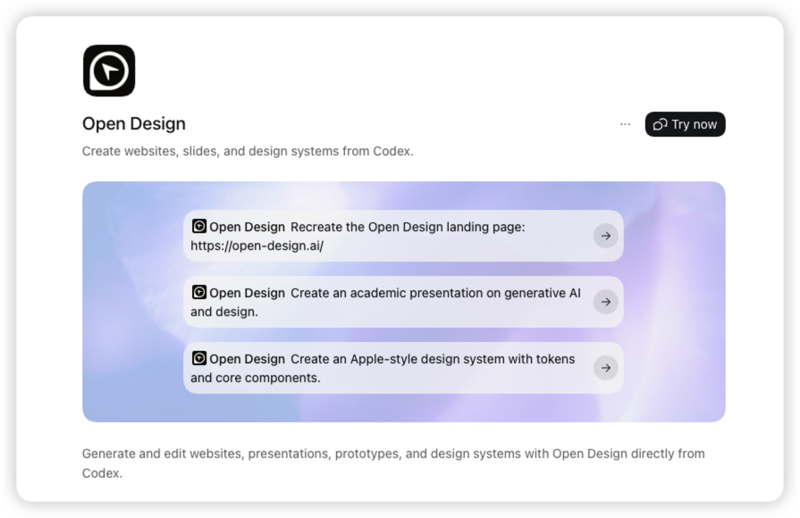 Pantalla real del plugin de Open Design en Codex con el botón Try now
