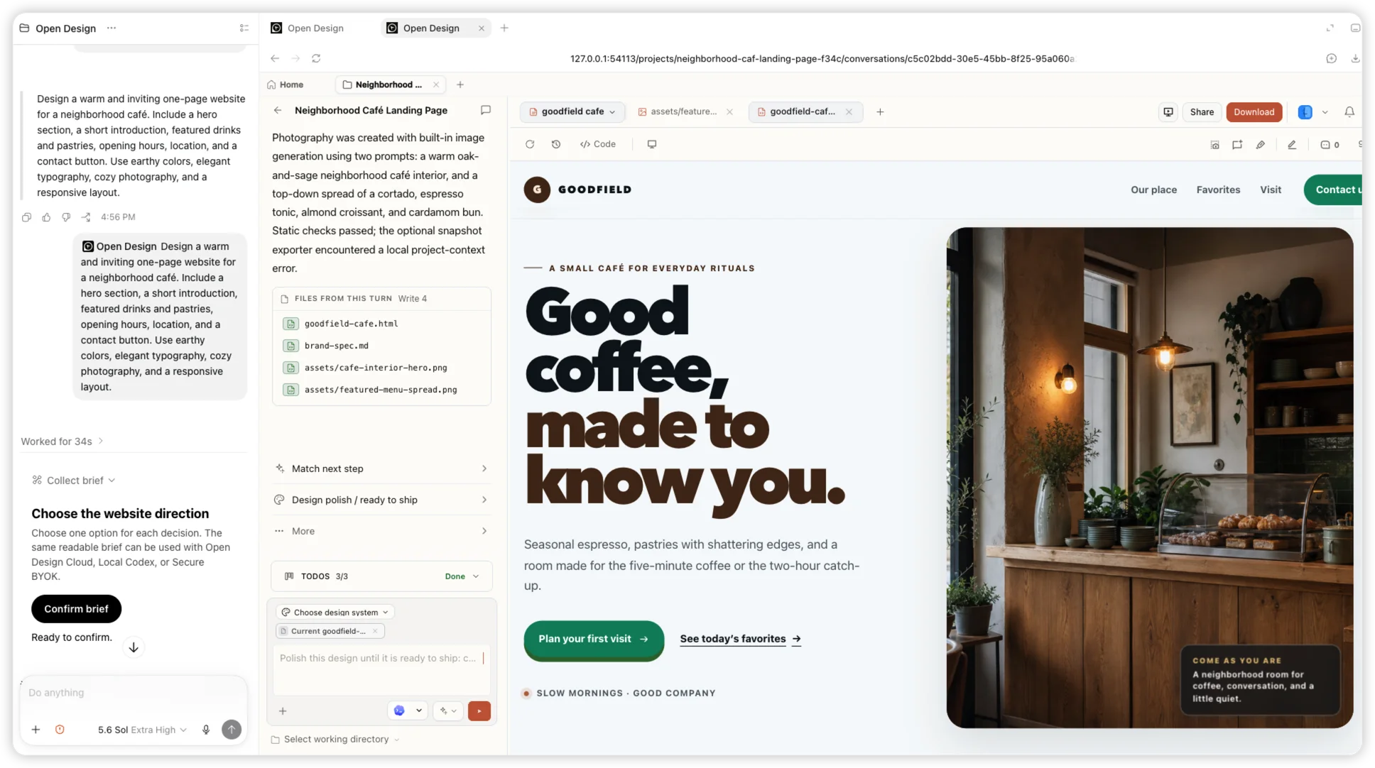 Una tarea real de Codex que usa el plugin de Open Design junto al sitio web terminado de la cafetería Goodfield