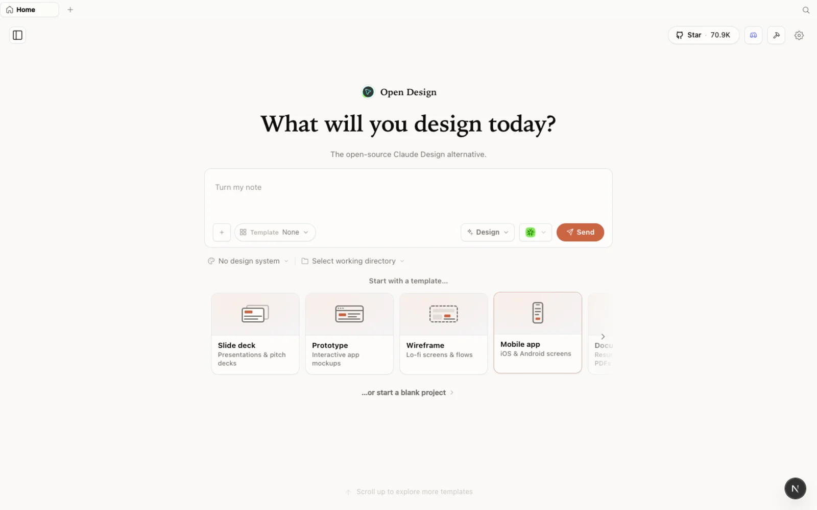 The Open Design home page — an open-source, local, agent-native Claude Design alternative.